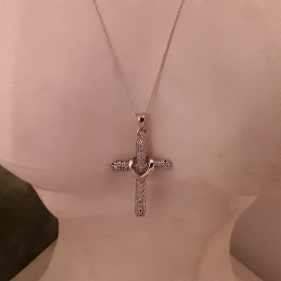 925 STERLING GOLD/SILVER CROSS NECKLACE, 18 "CHAIN - Picture 2 of 8
